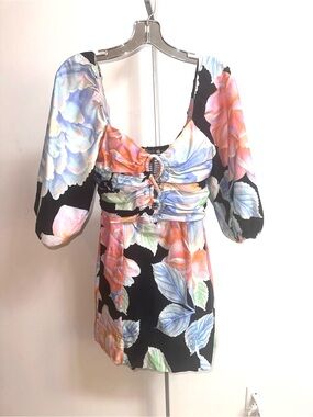 Farm Rio Sofia Black Floral Puff-Sleeve Mini Dress with Pastel Blooms